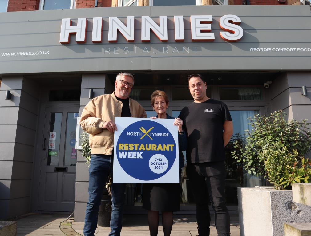 Mark Deacon of Proper Food and Drinks Festivals and Elected Mayor of North Tyneside, Dame Norma Redfearn DBE, pictured with the Assistant Manager of Hinnies restaurant.