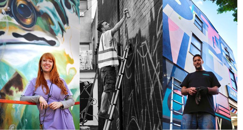A composite image showing artists Nina Valkoff, Mark Shields and Ricky Also on location with their street art