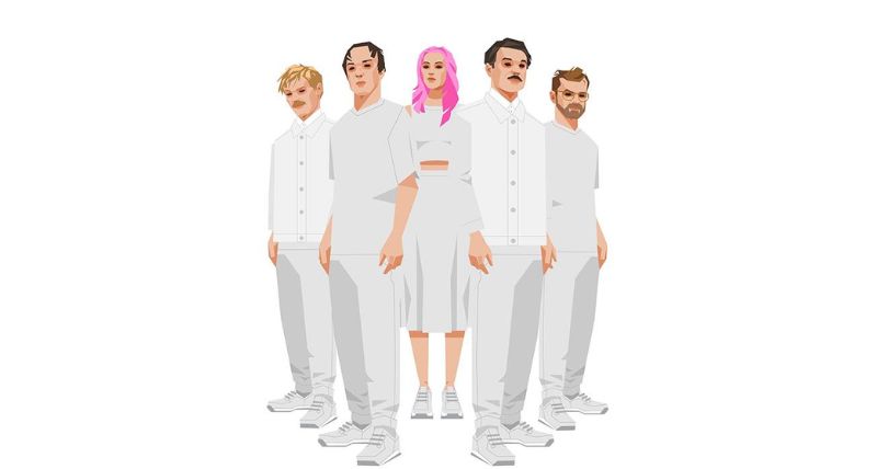 A graphic image of Django Django, Lizzie Esau and Geoff Kirkwood by Marcus Reed