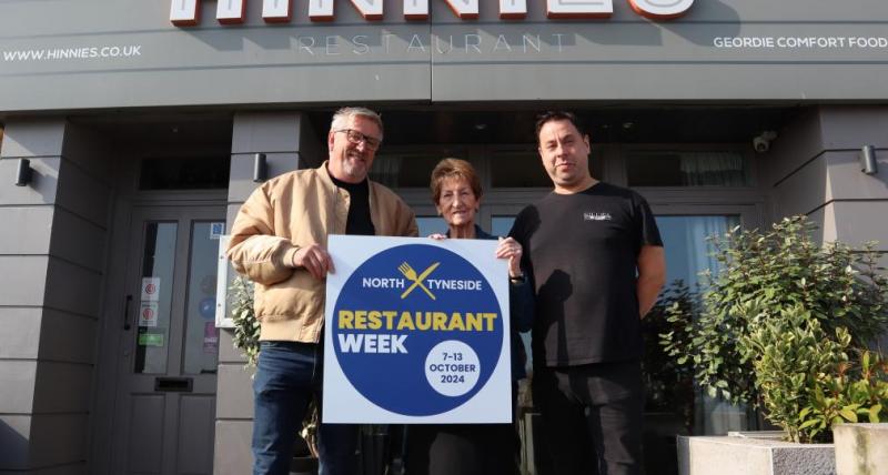 Mark Deacon of Proper Food and Drinks Festivals and Elected Mayor of North Tyneside, Dame Norma Redfearn DBE, pictured with the Assistant Manager of Hinnies restaurant.