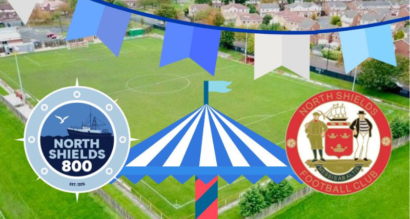 An aerial image of the North Shields Fc ground with the North Shields 800 and North Shields FC logos